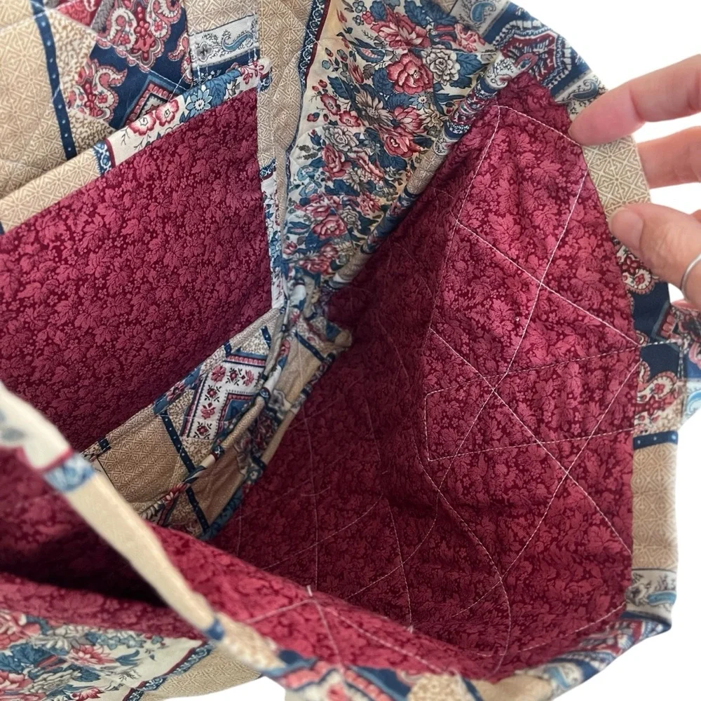 Vintage 90s handmade quilted floral stripe tote bag pink blue cream